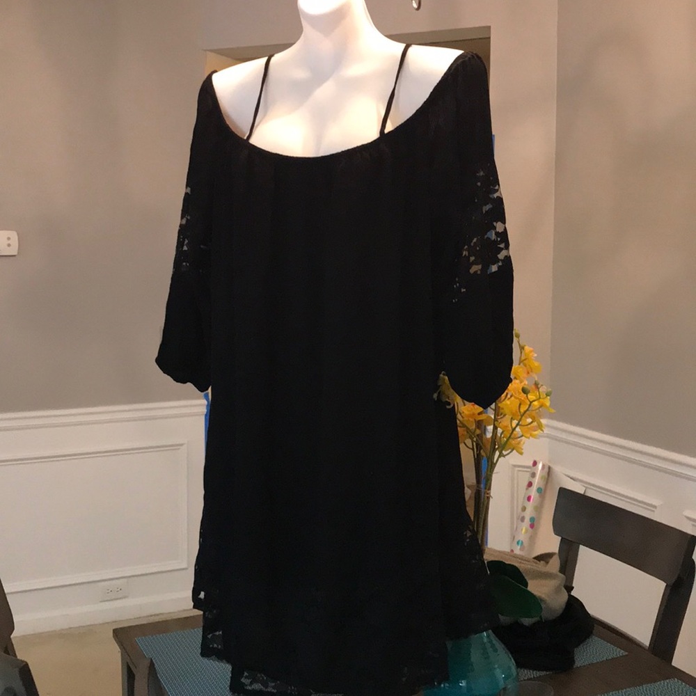 Off-the-shoulder shift dress; lace sleeve detail